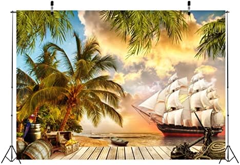 BELECO 12x10ft Кърпа на Плажа на Остров Пиратски Кораб на Фона на Океана Морски Пейзаж Палми Фон дюшеме Ковчег със Съкровищата на Дъбови Бъчви за Хелоуин Pirate Тема Украса н