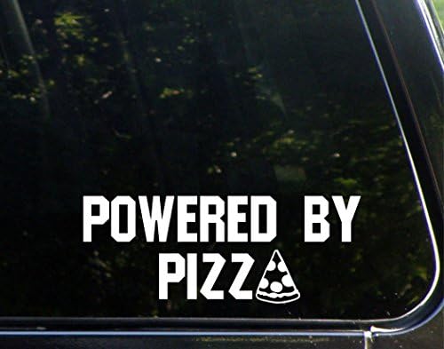 Powered by Pizza - 8-3/4 x 3-3/4 - Vinyl стикер за щанцоване /броня за прозорци, автомобили, камиони, лаптопи, и т.н.