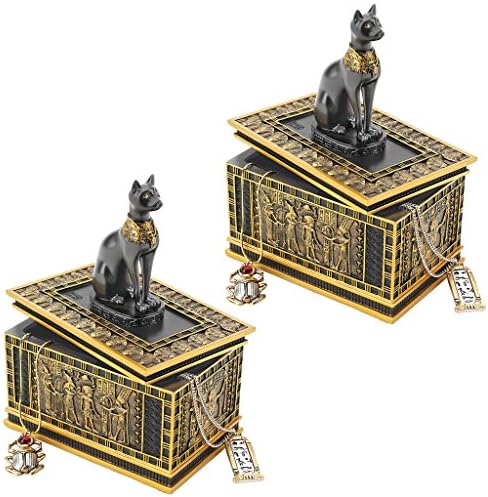 Дизайн Toscano Royal Bastet Cat Goddess Египетски Ковчег за Бижута, Статуетка, 6 Инча, Определени от две, Полирезин, Черно злато