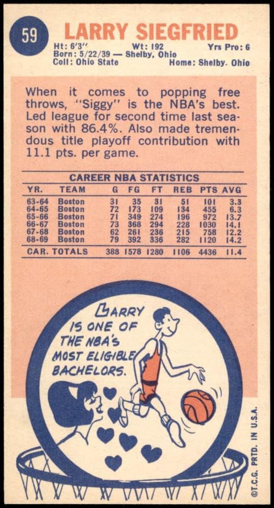 1969 Топпс # 59 Лари Зигфрид Бостън Селтикс (баскетболно карта) NM/MT Селтикс Охайо St