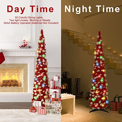 5-Подножието Коледно Дърво-молив с Подсветка, Сгъваема Изкуствена Коледна Елха с пайети, Високи Тесни Коледна Елха