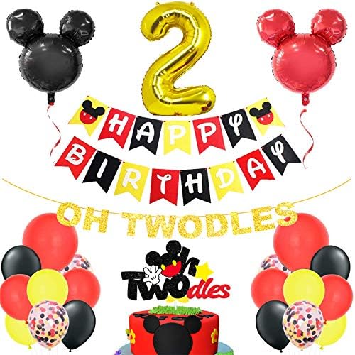 От 2-ри Рожден Ден, набор от балони, Тематично бижу във формата на Мишка – Oh Twodles, Банер и topper за торта,