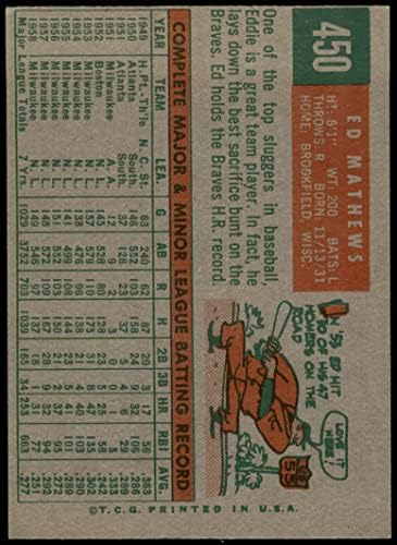 1959 Topps # 450 Еди Матюс Милуоки Брейвз (Бейзболна картичка) PSA 5 - БИВШ Брейвз