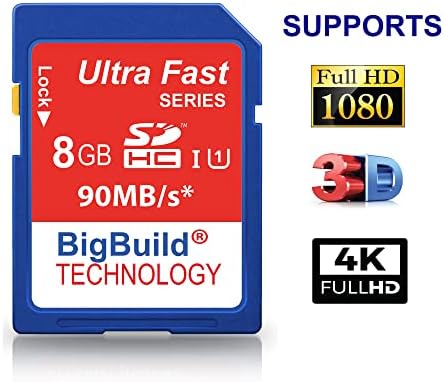 Технология BigBuild 8 GB Бърза SDHC карти с памет 90 MB/s, съвместим с камери Nikon D3400, D3500, D500, D5300, D5500,