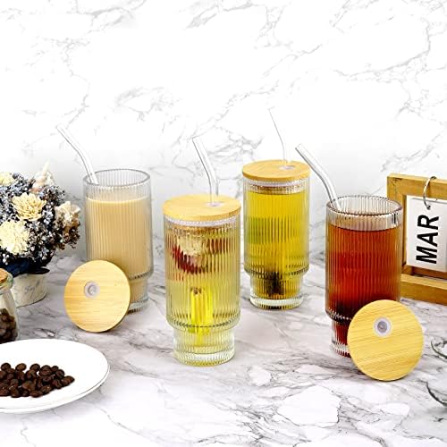 Adorila 4 Опаковки Перки Стъклени Чаши с Капаци и Соломинками, за Многократна употреба Чаши за Пиене на 12 мл, Стъклена