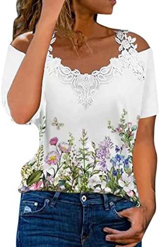 Дамска Тениска с Цветен принтом Wildflower, Дантелени Блузи с V-образно деколте, Тениски с Къс Ръкав и Отворени