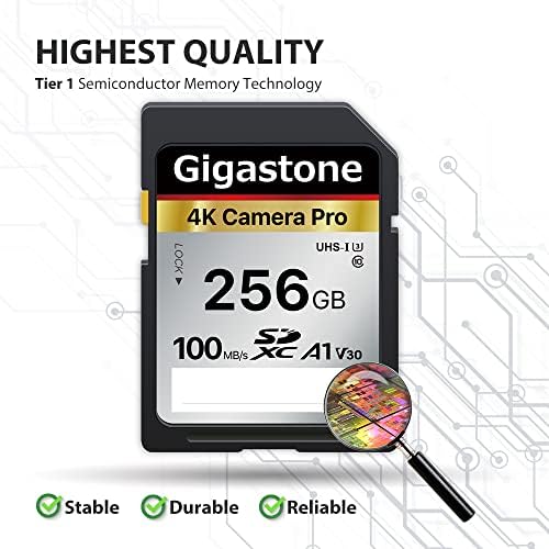Gigastone 256 GB SD карта V30 SDXC Карта с памет Висока скорост на видео 4K Ultra HD UHD, Съвместим с цифров фотоапарат