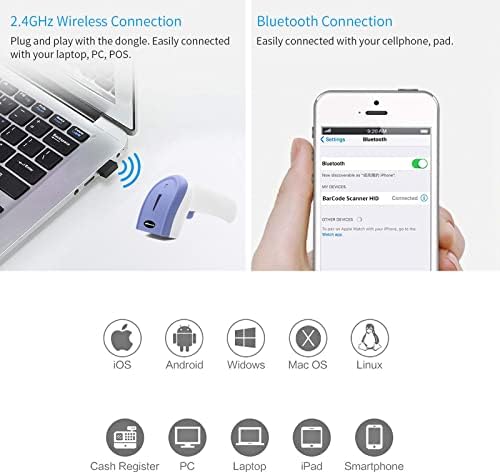 Спестете 15% на Alacrity Bluetooth баркод Скенер Ръчно USB Безжичен Скенер за четене на баркодове + Bluetooth Безжичен
