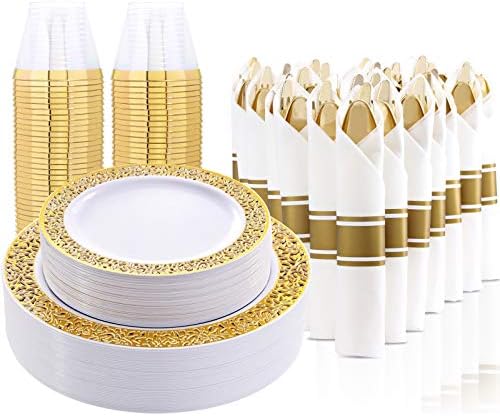 LLSF 210 Бр. Златни Пластмасови чинии, набор от прибори за еднократна употреба, включва в себе си: на 30 места за