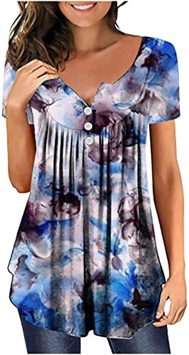 Женска Тениска С Къс Ръкав 2023 Памук Кръгла Силует На Копчета С Цветен Модел, Плиссированный Топ С Рюшами за Дамите