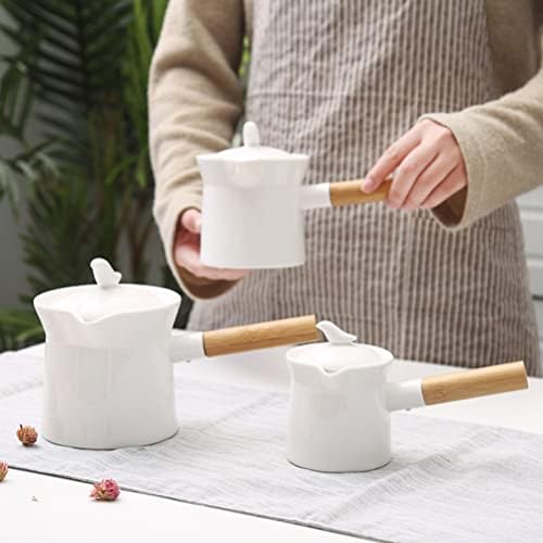 350 мл Бяло Мини-Керамичен Чайник за Заваряване на Чай в Отглеждането на Саксия с Дървена Дръжка за Дома и Офиса